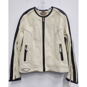 Power Trip Womens Motorcycle Jacket Large Ivory Black‎ Leather Zip Front Vented